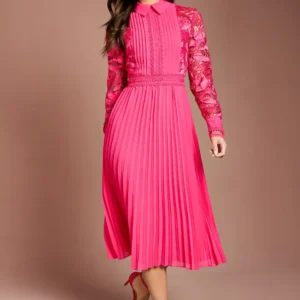 Damen Hemdblusenkleid in Midi-Länge mit Spitze & Plisseerock – Elegant