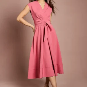 Elegantes Damen Midi-Kleid aus Crêpe mit Gürtel – Figurbetont & Zeitlos