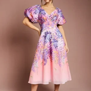 Damen Midi-Kleid aus Organza mit Blumenprint & Puffärmeln – Elegant