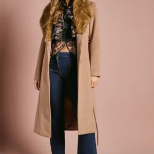 Alternative view of Damen Midi-Mantel in Camel mit Kunstfellkragen & Gürtel – Elegant für Anlässe