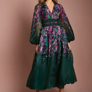 Midaxi Damenkleid aus Organza mit Blumenprint & Spitzenbesatz – Elegant