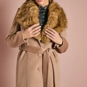 Damen Midi-Mantel in Camel mit Kunstfellkragen & Gürtel – Elegant für Anlässe