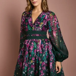 Alternative view of Midaxi Damenkleid aus Organza mit Blumenprint & Spitzenbesatz – Elegant